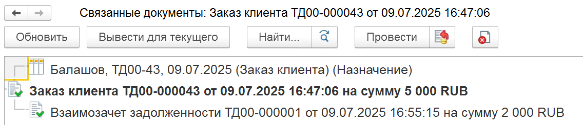 связанные документа заказа клиента